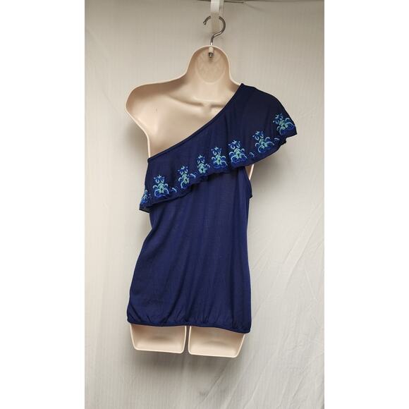 Red Camel One Shoulder Navy Blue Floral Ruffle Sleeveless Blouse Top Size XL - Picture 4 of 8